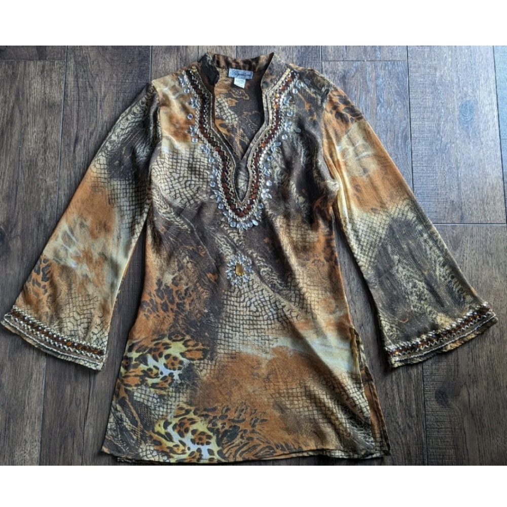 JMB Signature Women's Brown Pattern Sheer Tunic w/ Heavy Jeweled Neckline Size L